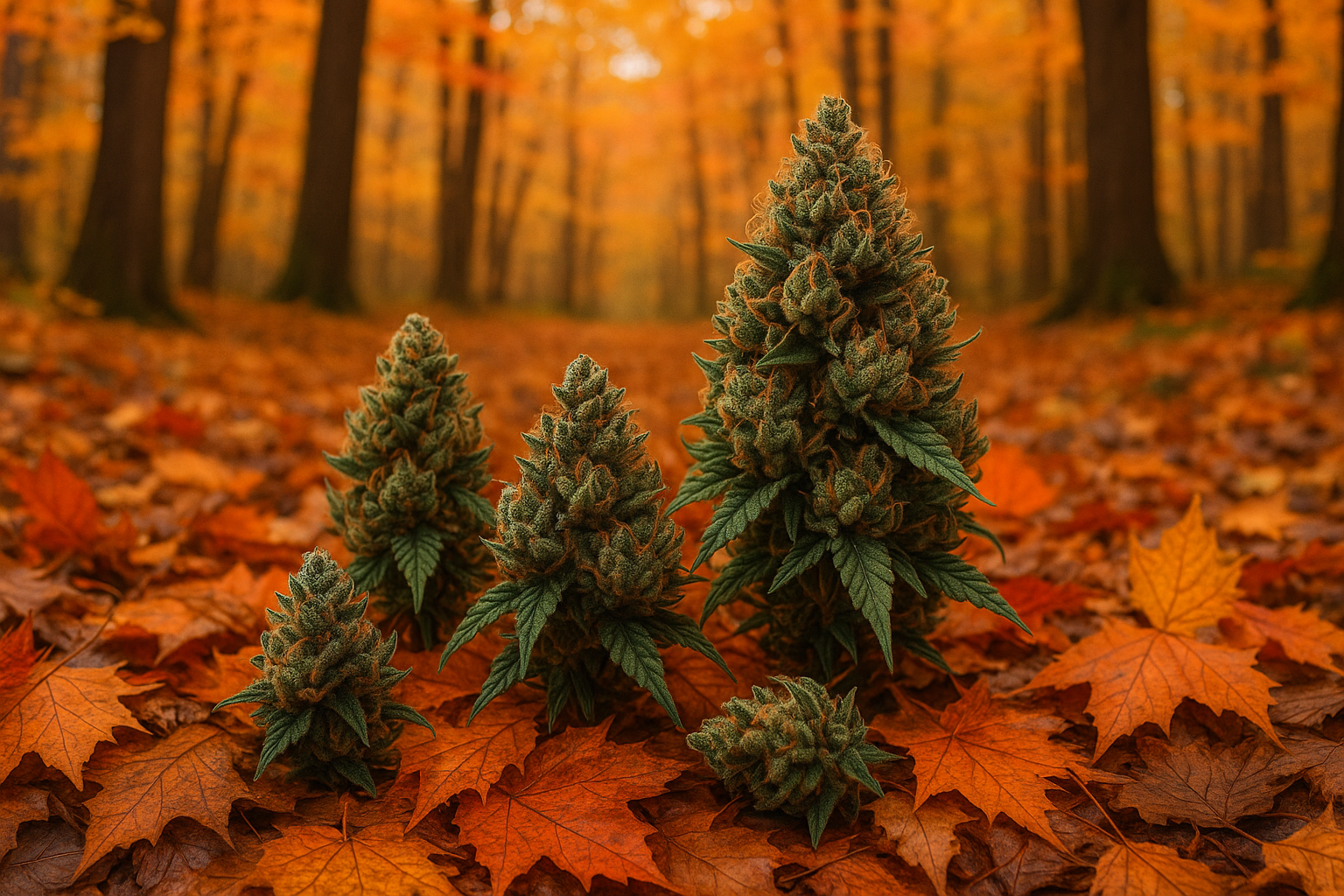 cannabis blüten arrangiert im herbst wald
